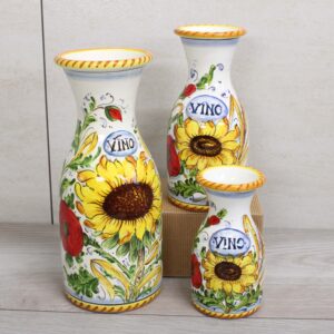 Italian Ceramic Carafes Set , handmade and painted for wine, water and soft drinks. The pattern's name is : Sunflower, poppies and wheat