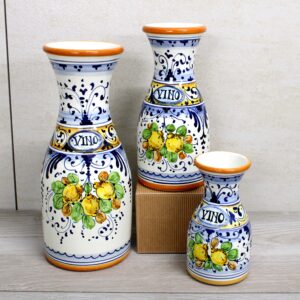 Italian Ceramic Carafes Set , handmade and painted for wine, water and soft drinks. The pattern's name is : Little lemons