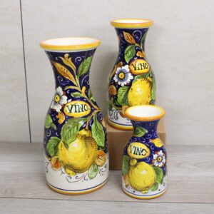 Italian Ceramic Carafes Set , handmade and painted for wine, water and soft drinks. The pattern's name is : Lemon on blue background.