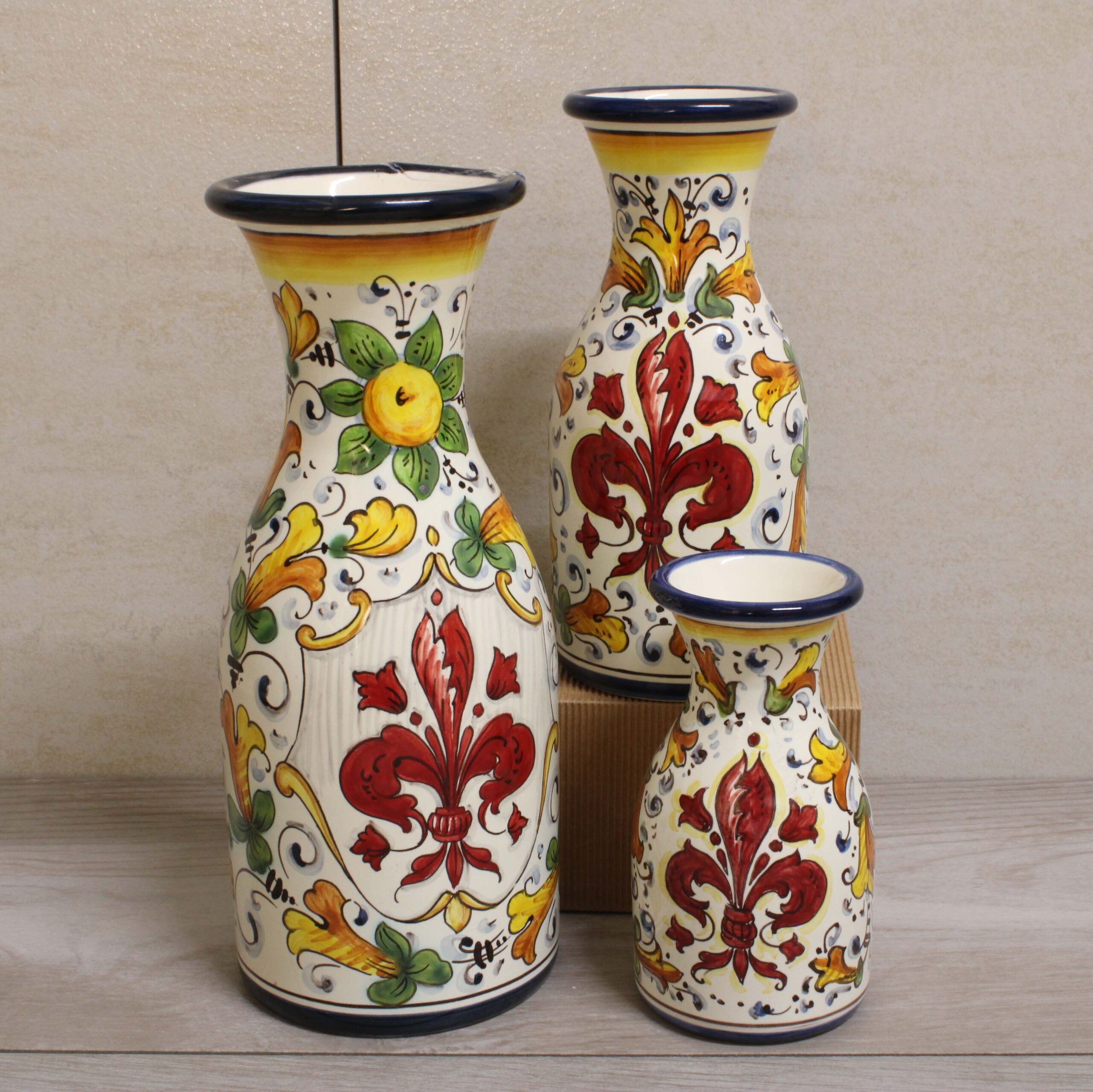 Italian Ceramic Carafe Handmade "Red Florentine Lily"