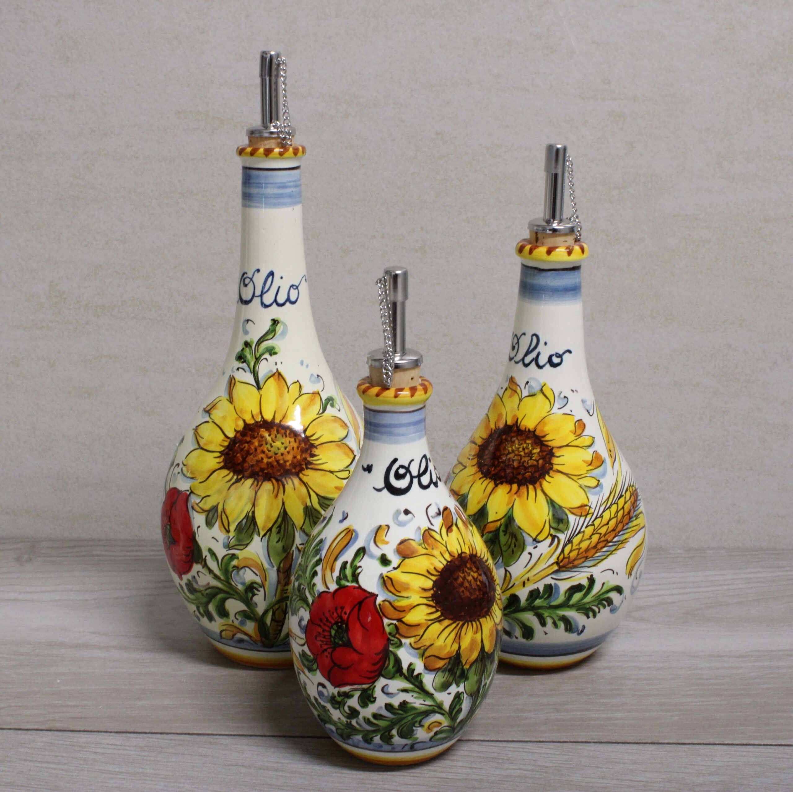 Italian Ceramic Classic olive oil bottle handmade “Sunflower, Poppies and Wheat”
