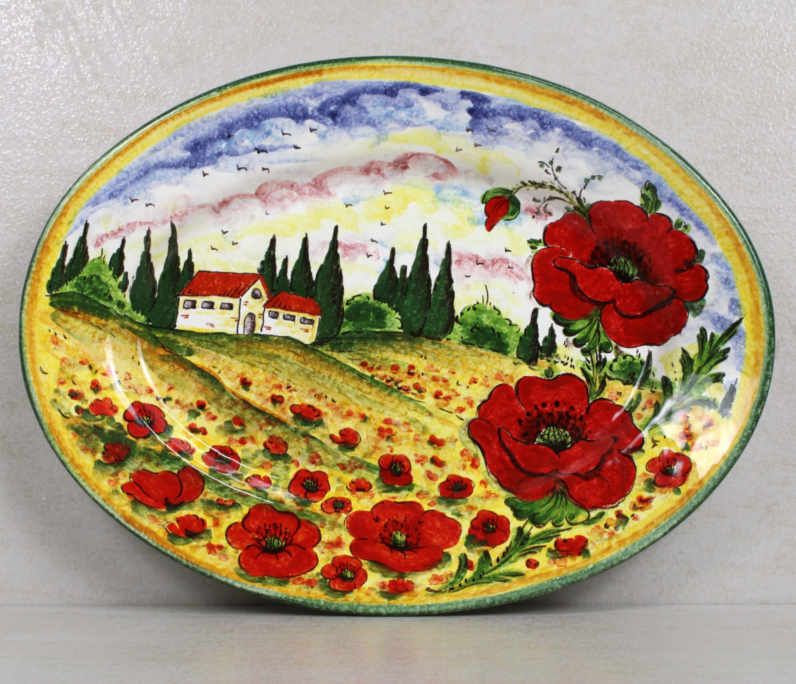 Vassoio Ovale in ceramica decorato a mano "Paesaggio Papaveri"